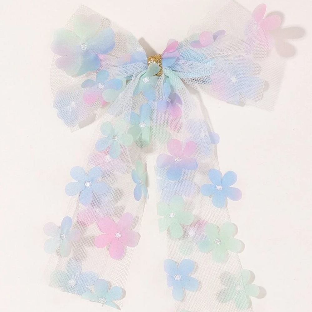 🌸 Lovey Floral Flower Appliqué Mesh French Clip Ribbon Bow 🌸